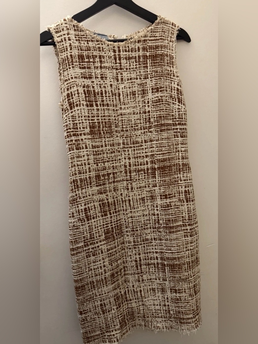 Prada Brown silk blend and Cream Sleeveless Textured shift tweed Dress